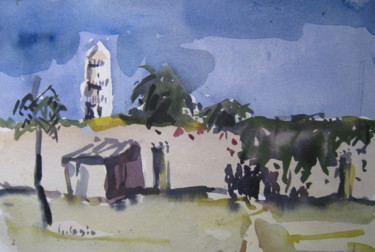 Pintura intitulada "Minaret à djibouti" por Gildas Cadic, Obras de arte originais, Aquarela
