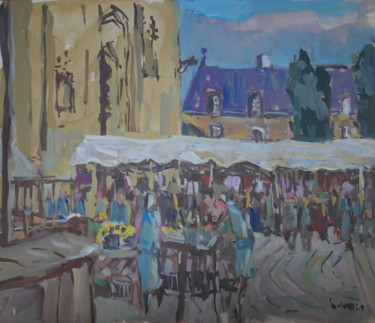 Peinture intitulée "HENNEBONT le marché…" par Gildas Cadic, Œuvre d'art originale, Gouache