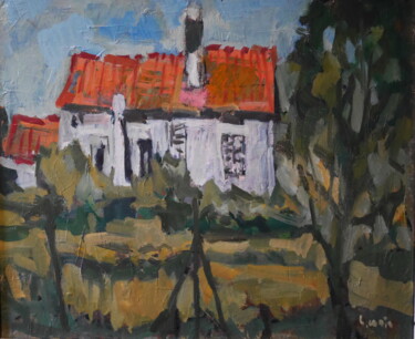 Schilderij getiteld "la maison rouge à l…" door Gildas Cadic, Origineel Kunstwerk, Olie