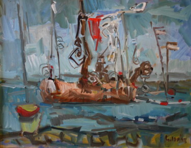 Pintura intitulada "Navire en perdition" por Gildas Cadic, Obras de arte originais, Óleo
