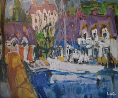 Painting titled "le bateau blanc à h…" by Gildas Cadic, Original Artwork, Oil