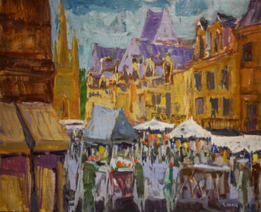 Painting titled "jour de marché henn…" by Gildas Cadic, Original Artwork, Oil