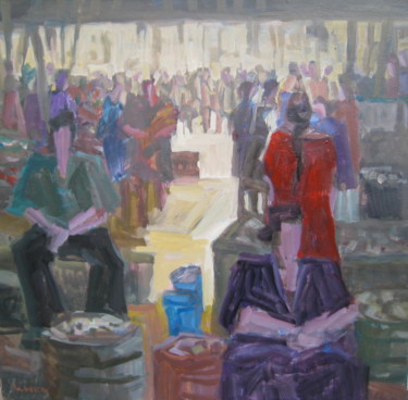 Painting titled "scene de marché" by Gildas Cadic, Original Artwork, Oil