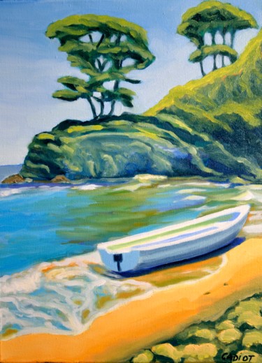 Painting titled "Barque sur la plage" by Christophe Cadiot, Original Artwork, Oil