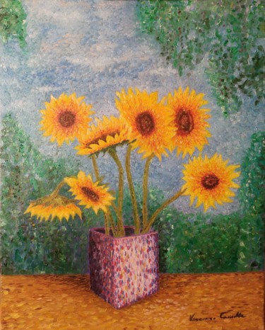 Painting titled "Girasoli" by Vincenzo Caiella, Original Artwork, Oil