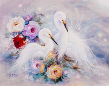Pittura intitolato "white heron" da Elena, Opera d'arte originale, Olio