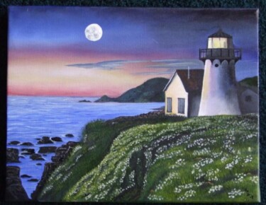 Painting titled "moon over lighthouse" by Kathleen Zinkovitch, Original Artwork, Oil