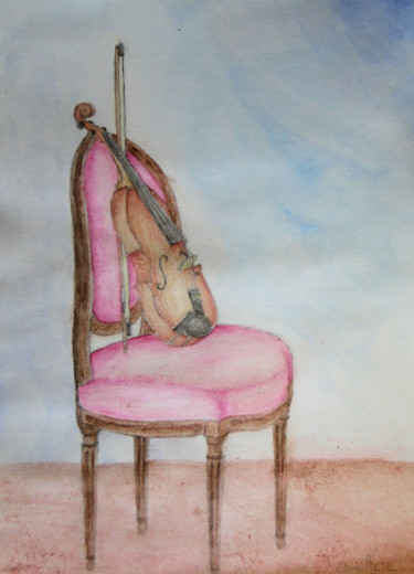 Pintura intitulada "Le violon" por Camille Charneau, Obras de arte originais, Aquarela