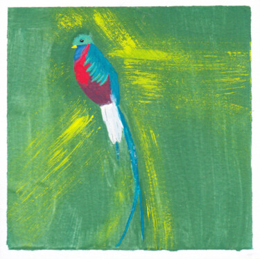 Ζωγραφική με τίτλο "Quetzal Resplendiss…" από Cmh, Αυθεντικά έργα τέχνης, Γκουάς Τοποθετήθηκε στο Ξύλινο πάνελ