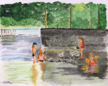 Peinture intitulée "Enfants au lac d'Ai…" par Camille Rouschmeyer, Œuvre d'art originale, Aquarelle