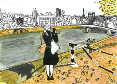 Zeichnungen mit dem Titel "Automne à Lyon" von Camille Rouschmeyer, Original-Kunstwerk, Marker