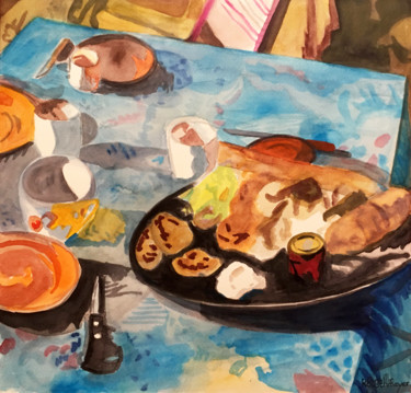 Malerei mit dem Titel "La table du petit d…" von Camille Rouschmeyer, Original-Kunstwerk, Aquarell