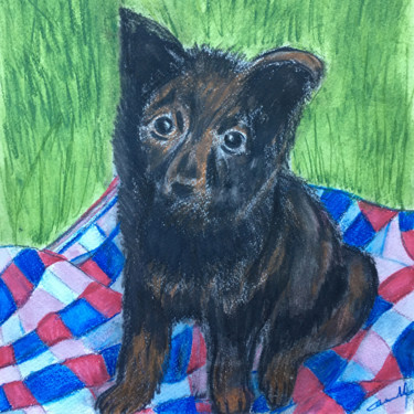 Drawing titled "Petit chien sur sa…" by Camille Rouschmeyer, Original Artwork, Wax