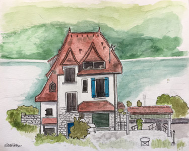 Dessin intitulée "Une maison au bord…" par Camille Rouschmeyer, Œuvre d'art originale, Aquarelle