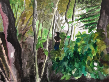 Pintura titulada "Au coeur de la forêt" por Camille Rouschmeyer, Obra de arte original, Acuarela