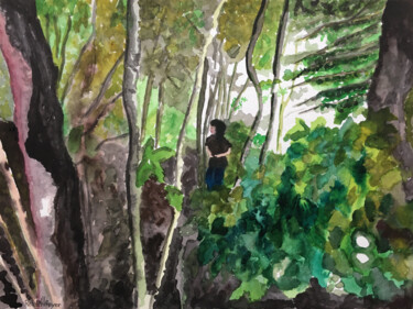 Painting titled "Au coeur de la forêt" by Camille Rouschmeyer, Original Artwork, Watercolor