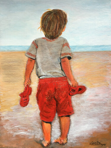 Petit garçon aux sandales rouges Peinture intitulée "Petit garçon aux sa…" par Camille Rouschmeyer, Œuvre d'art originale, Acrylique