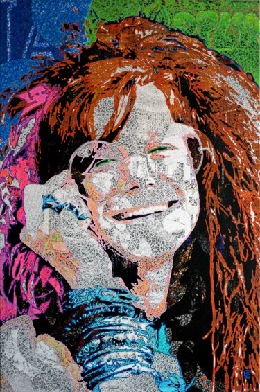 Painting titled "Janis Joplin" by Camille Sohier, Original Artwork, Digital Collage Mounted on Wood Stretcher frame