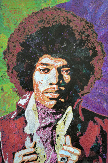 Malerei mit dem Titel "Jimi Hendrix" von Camille Sohier, Original-Kunstwerk, Digitale Collage Auf Keilrahmen aus Holz montie…