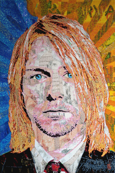 Pintura intitulada "Kurt Cobain" por Camille Sohier, Obras de arte originais, colagem digital Montado em Armação em madeira