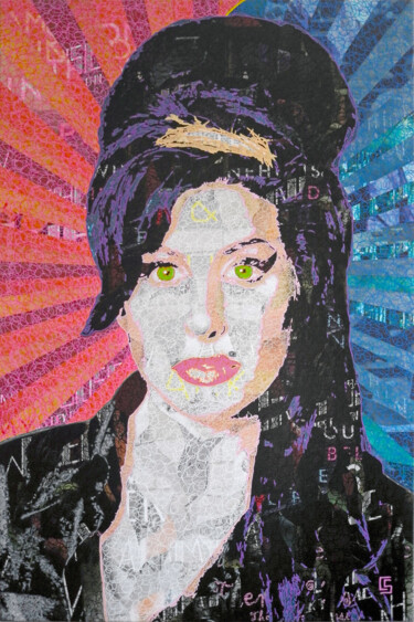 Malerei mit dem Titel "Amy Winehouse" von Camille Sohier, Original-Kunstwerk, Digitale Collage Auf Keilrahmen aus Holz monti…