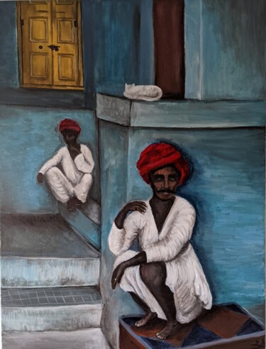 Painting titled "Chefchaouen au repos" by Camille Zuk, Original Artwork, Acrylic Mounted on Wood Stretcher frame
