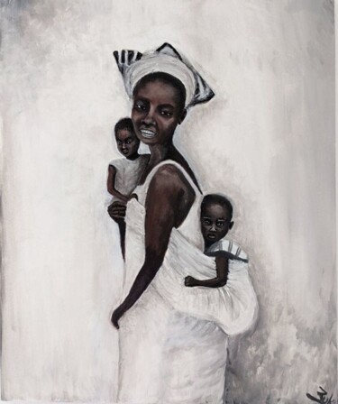 Painting titled "La maman aux bambins" by Camille Zuk, Original Artwork, Acrylic Mounted on Wood Stretcher frame