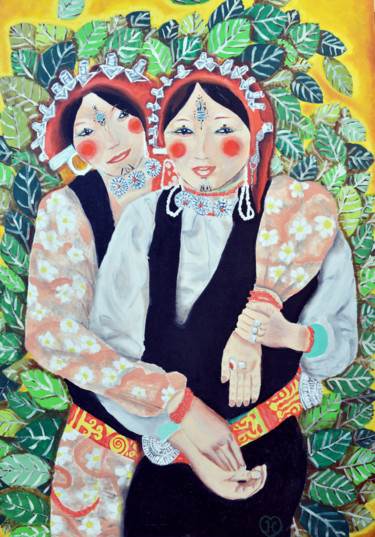 Painting titled "Les deux soeurs Tib…" by Padma Hiroko, Original Artwork, Oil Mounted on Wood Stretcher frame
