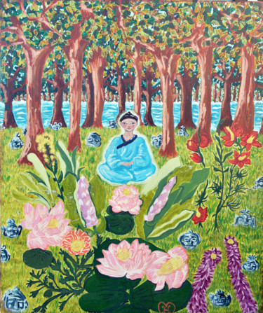 Painting titled "Le méditant Bleu" by Padma Hiroko, Original Artwork, Oil Mounted on Wood Stretcher frame