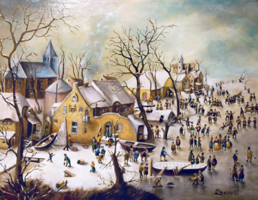 Painting titled "Villaggio al nord" by Cam Brivio, Original Artwork, Oil Mounted on Wood Panel