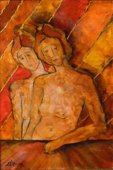 Painting titled "Donna al tavolo" by Cam Brivio, Original Artwork, Oil