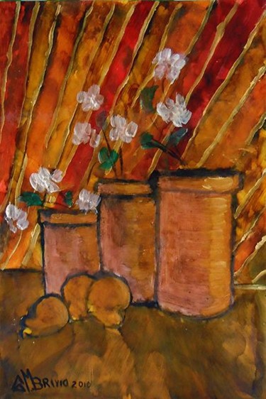 Pittura intitolato "3 vasi con pere e f…" da Cam Brivio, Opera d'arte originale, Olio