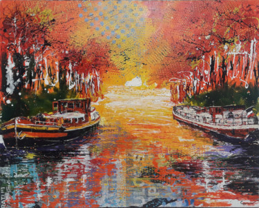 Painting titled "Péniches orange et…" by Jean-Michel Canal, Original Artwork, Acrylic