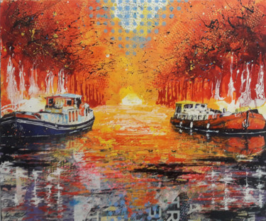 Malarstwo zatytułowany „Péniches orange et…” autorstwa Jean-Michel Canal, Oryginalna praca, Akryl