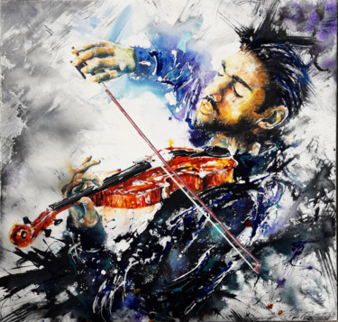 Painting titled "Violoniste inspiré" by Jean-Michel Canal, Original Artwork, Acrylic Mounted on Wood Stretcher frame