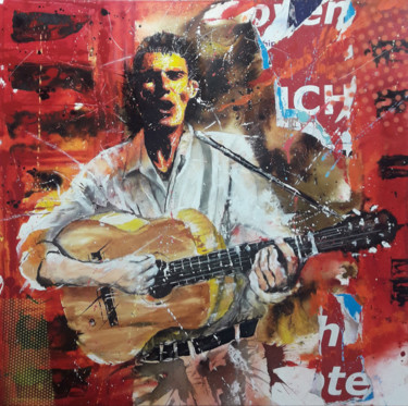 Картина под названием "Guitariste fond rou…" - Jean-Michel Canal, Подлинное произведение искусства, Акрил Установлен на Дере…