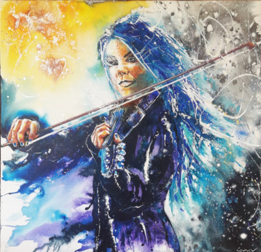 Malerei mit dem Titel "Violoniste bleue" von Jean-Michel Canal, Original-Kunstwerk, Acryl Auf Keilrahmen aus Holz montiert