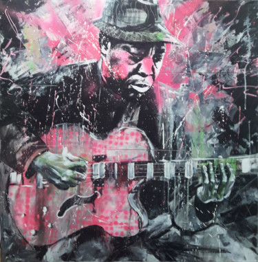 Painting titled "Musicien guitare ro…" by Jean-Michel Canal, Original Artwork, Acrylic Mounted on Wood Stretcher frame