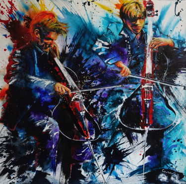 Painting titled "Dos cellos" by Jean-Michel Canal, Original Artwork, Acrylic Mounted on Wood Stretcher frame