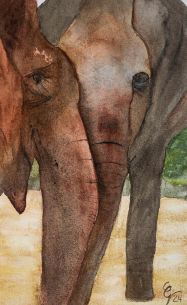 Painting titled "Elephant Crossing" by Candace Grey, Original Artwork, Watercolor