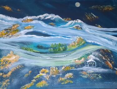 Painting titled "NUIT SCINTILLANTE" by Maryse Houppilliart, Original Artwork, Oil Mounted on Wood Stretcher frame