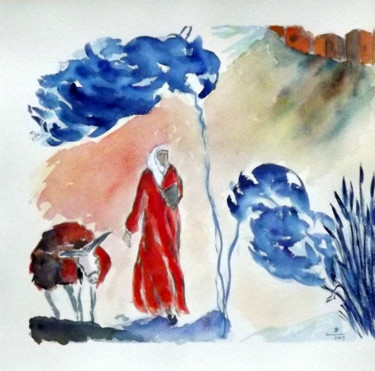 Peinture intitulée "femme Berbère au bo…" par Nonna, Œuvre d'art originale, Aquarelle