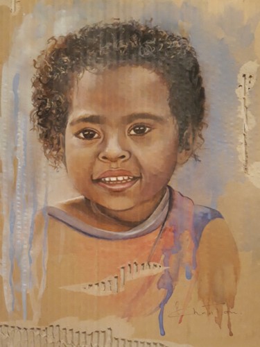 Painting titled "Petite fille à Rodr…" by Chantal Moisy (ChanTou), Original Artwork, Watercolor Mounted on Other rigid panel