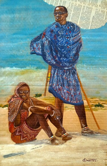 Painting titled "Massaïs à Jambiani" by Chantal Moisy (ChanTou), Original Artwork, Watercolor Mounted on artwork_cat.