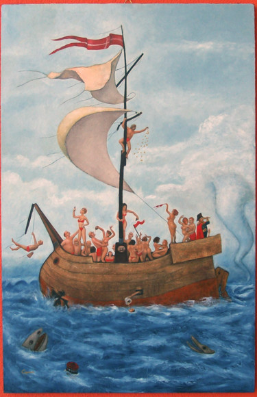 Painting titled "La nave dei folli." by Nunzio Capece, Original Artwork, Oil