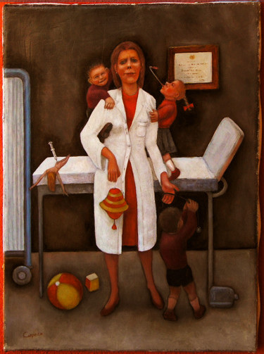Peinture intitulée "La pediatra (les en…" par Nunzio Capece, Œuvre d'art originale, Huile