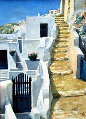 Pittura intitolato "Escaliers à Oia - S…" da Henri Capell, Opera d'arte originale