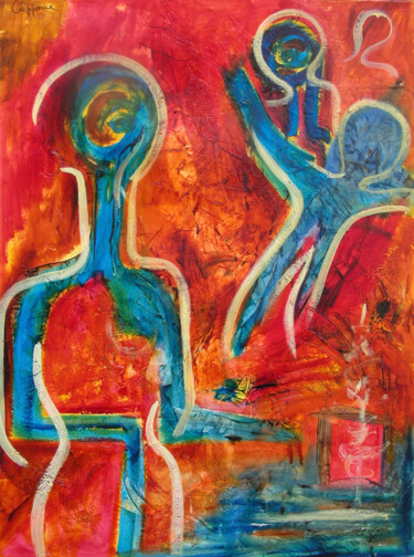 Painting titled "Les Hommes Bleues -…" by Cappone, Original Artwork, Oil Mounted on Wood Stretcher frame