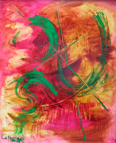 Painting titled "Rose Est Vert - Pin…" by Cappone, Original Artwork, Oil Mounted on Wood Stretcher frame
