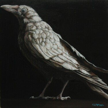 Schilderij getiteld "22061-CORBEAU BLANC" door Capton, Origineel Kunstwerk, Olie Gemonteerd op Frame voor houten brancard